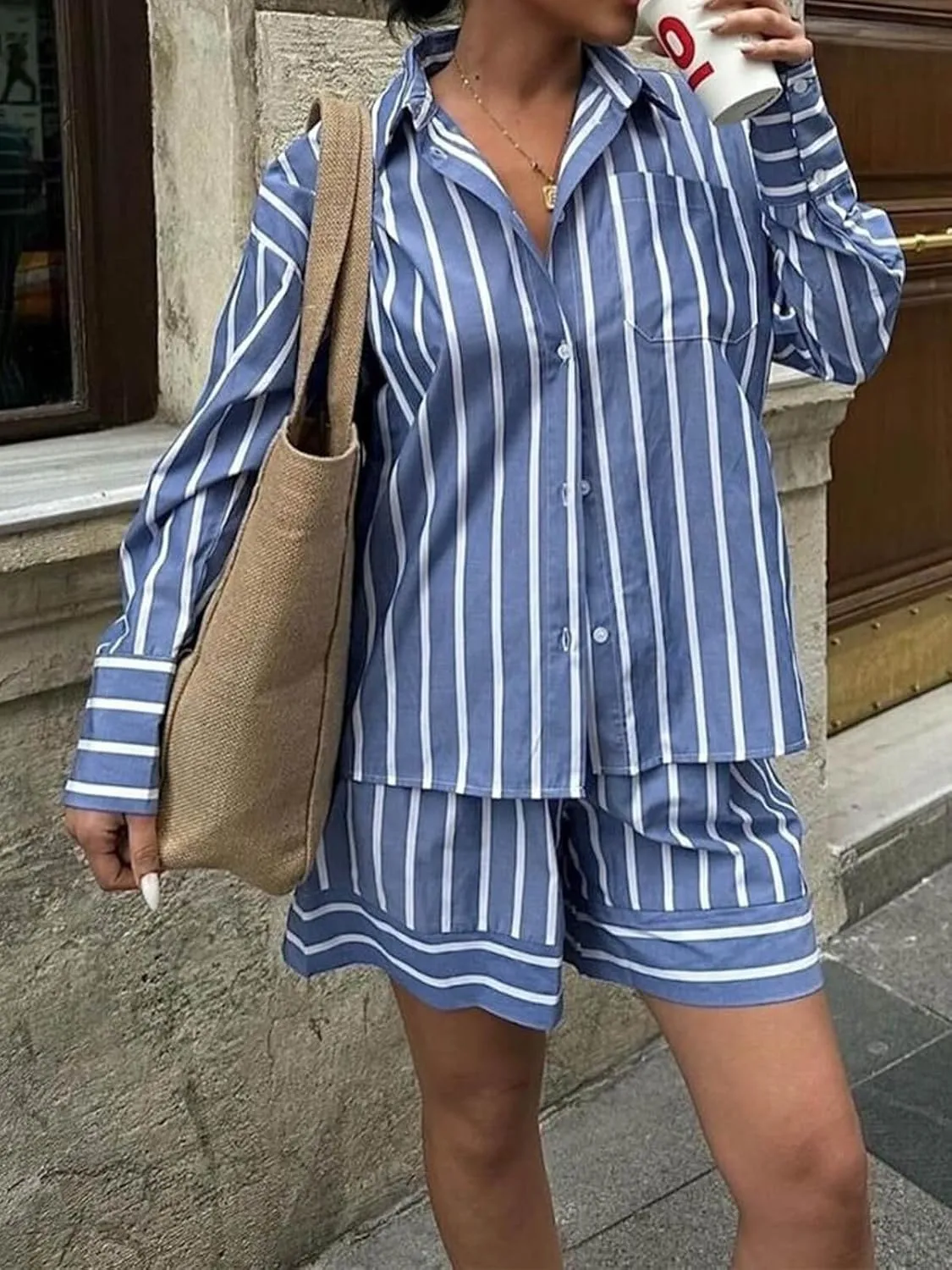 Tankaneo Womens 2 Piece Outfits Striped Long Sleeve Button Down Collared Shirt Matching Shorts Sets