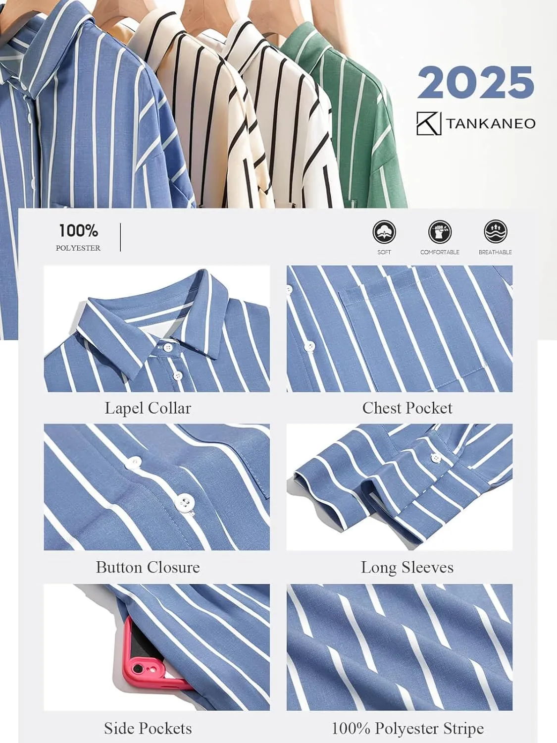 Tankaneo Womens 2 Piece Outfits Striped Long Sleeve Button Down Collared Shirt Matching Shorts Sets