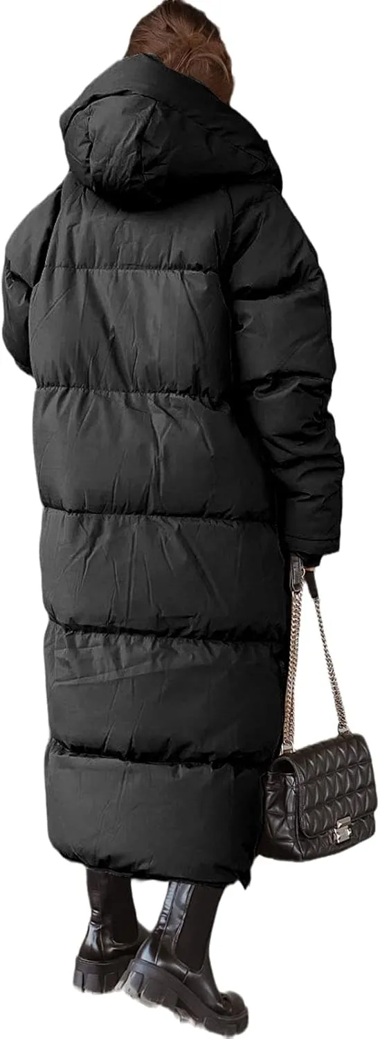 Tankaneo Womens Hooded Long Quilted Coat Maxi Length Long Sleeve Puffer Jacket Warm Padded Coat Thick Winter Outerwear