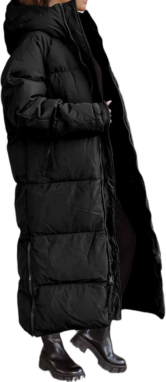Tankaneo Womens Hooded Long Quilted Coat Maxi Length Long Sleeve Puffer Jacket Warm Padded Coat Thick Winter Outerwear