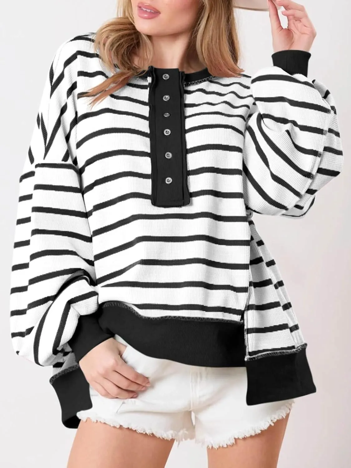 Tankaneo Womens Oversized Striped Sweatshirts Henley Shirts Color Block Casual Pullover Waffle Knit Tops