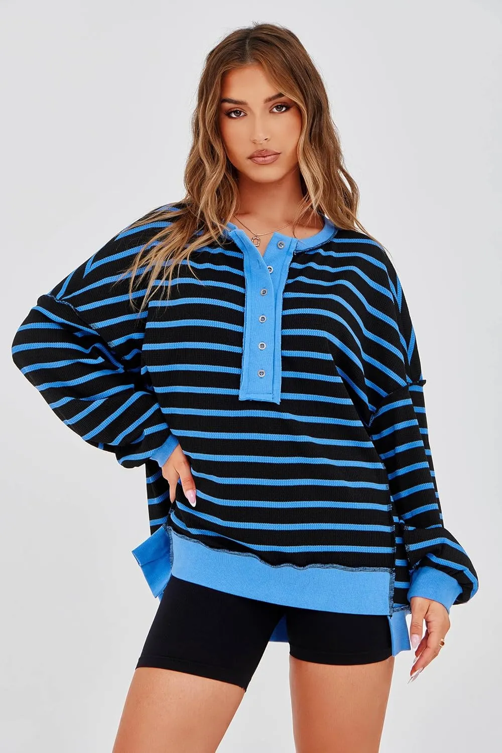 Tankaneo Womens Oversized Striped Sweatshirts Henley Shirts Color Block Casual Pullover Waffle Knit Tops