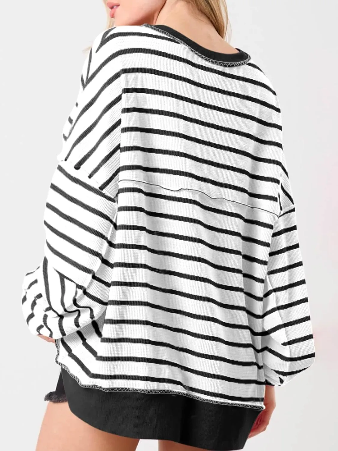 Tankaneo Womens Oversized Striped Sweatshirts Henley Shirts Color Block Casual Pullover Waffle Knit Tops