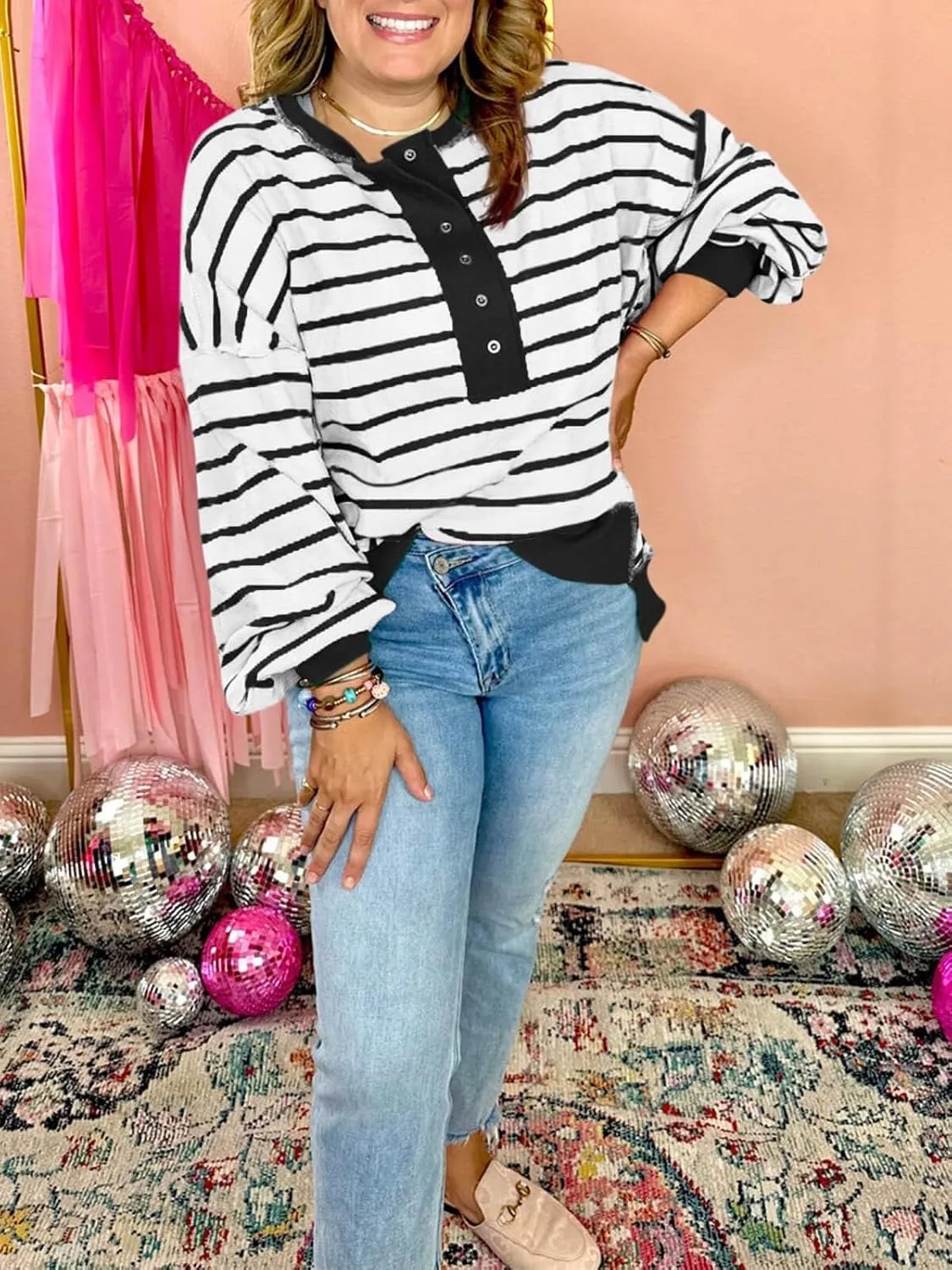 Tankaneo Womens Oversized Striped Sweatshirts Henley Shirts Color Block Casual Pullover Waffle Knit Tops