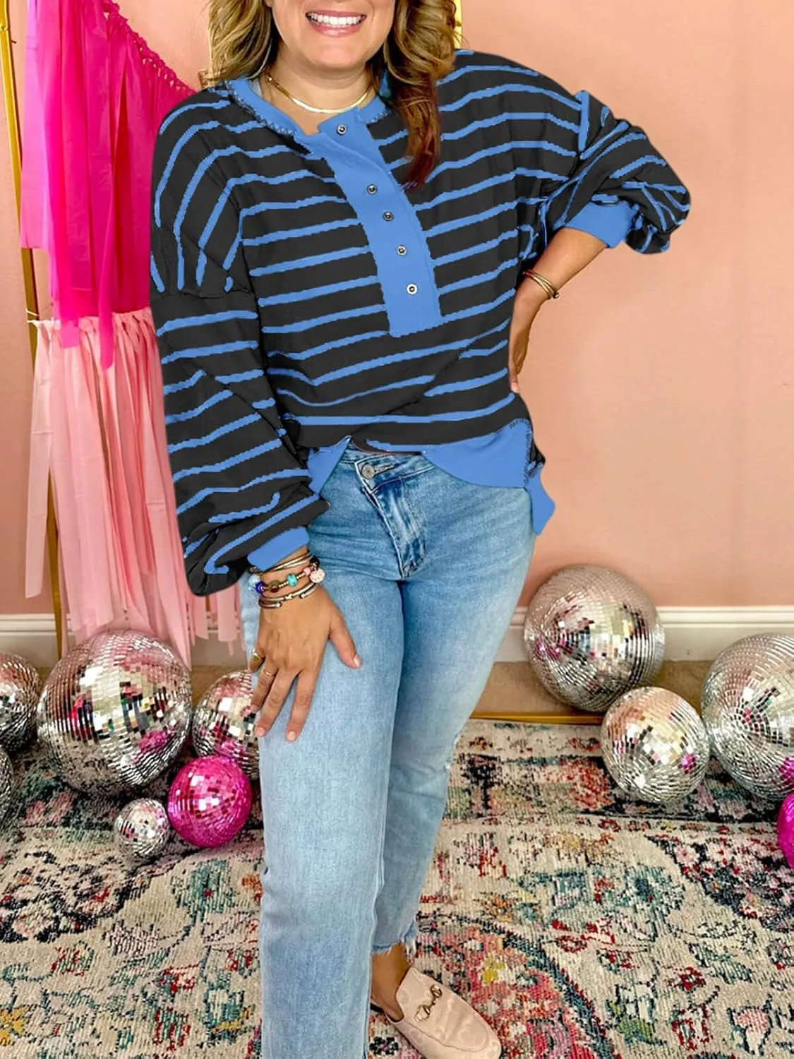Tankaneo Womens Oversized Striped Sweatshirts Henley Shirts Color Block Casual Pullover Waffle Knit Tops
