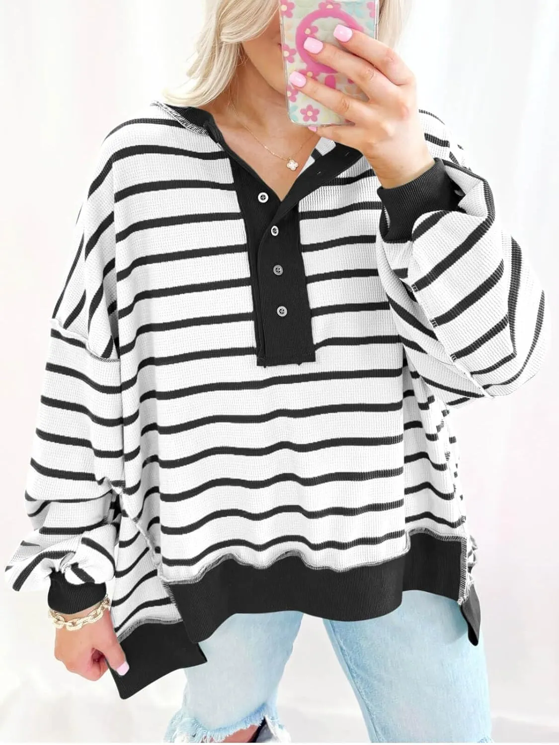 Tankaneo Womens Oversized Striped Sweatshirts Henley Shirts Color Block Casual Pullover Waffle Knit Tops