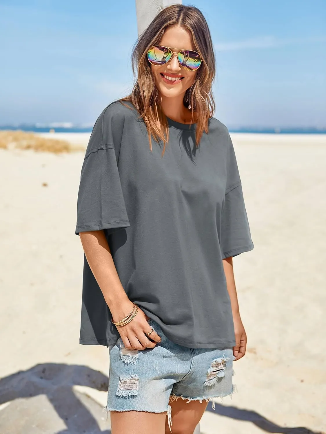 Tankaneo Womens Oversized Tshirts Summer Casual Short Sleeve Crew Neck T Shirt Loose Fit Side Slit Tee Tops