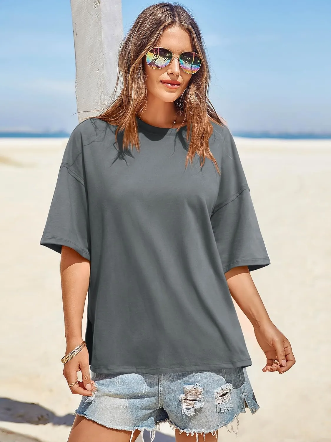 Tankaneo Womens Oversized Tshirts Summer Casual Short Sleeve Crew Neck T Shirt Loose Fit Side Slit Tee Tops