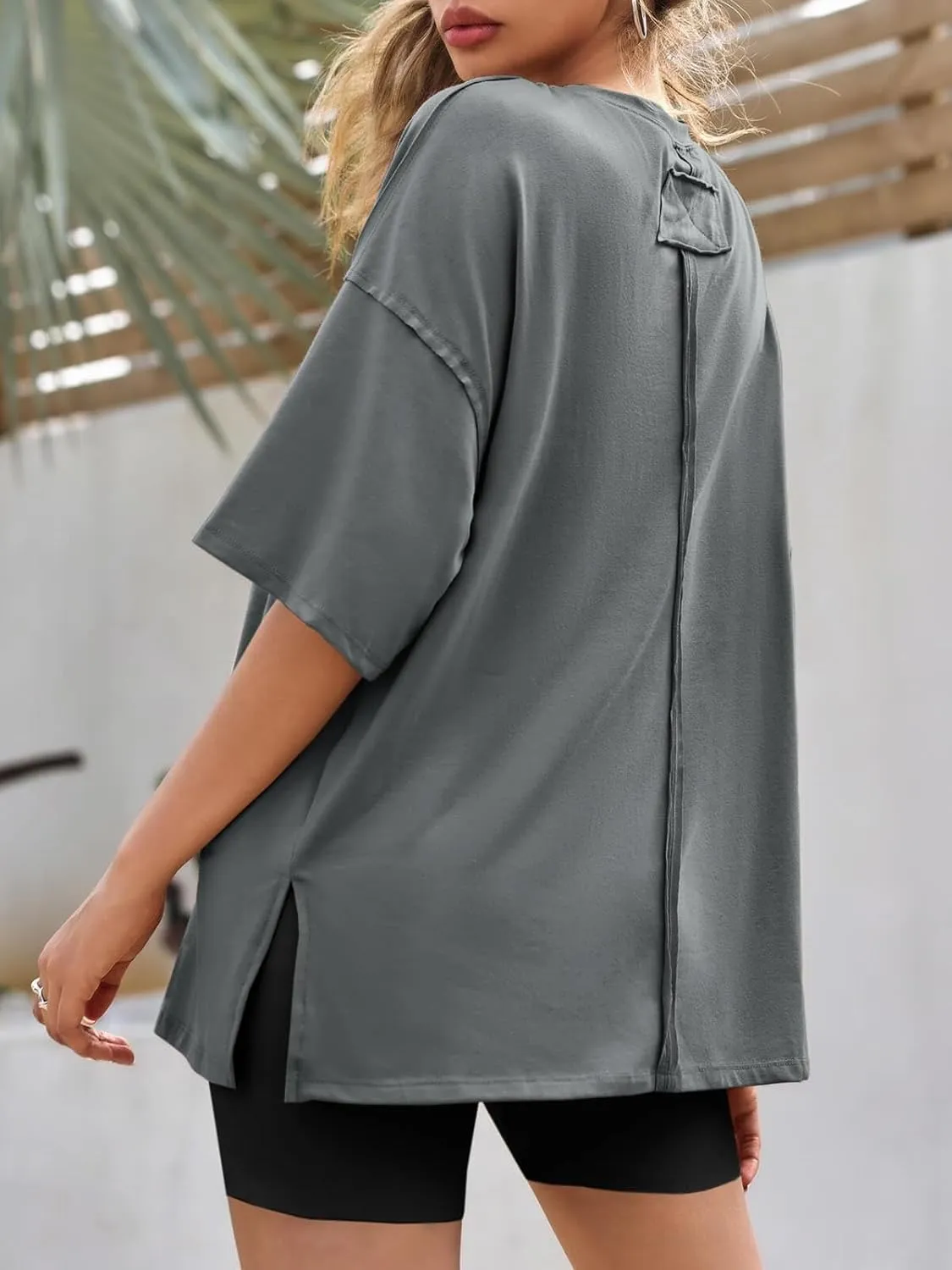 Tankaneo Womens Oversized Tshirts Summer Casual Short Sleeve Crew Neck T Shirt Loose Fit Side Slit Tee Tops