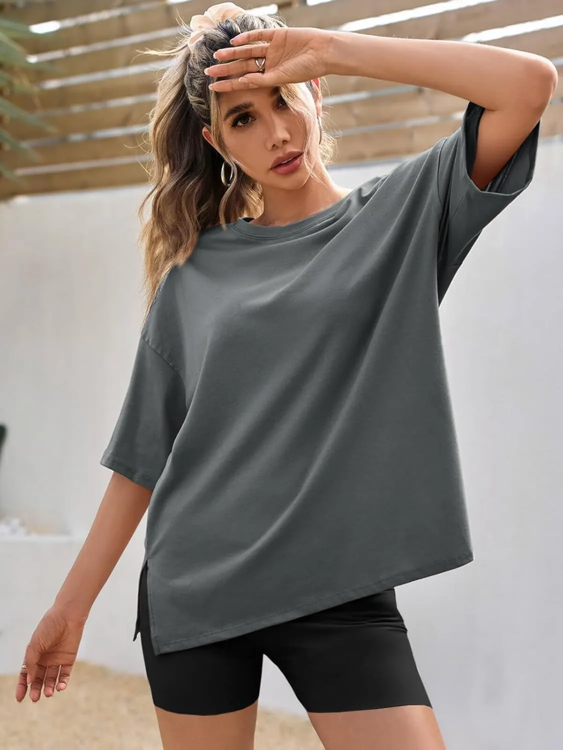 Tankaneo Womens Oversized Tshirts Summer Casual Short Sleeve Crew Neck T Shirt Loose Fit Side Slit Tee Tops