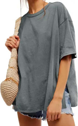 Tankaneo Womens Oversized Tshirts Summer Casual Short Sleeve Crew Neck T Shirt Loose Fit Side Slit Tee Tops