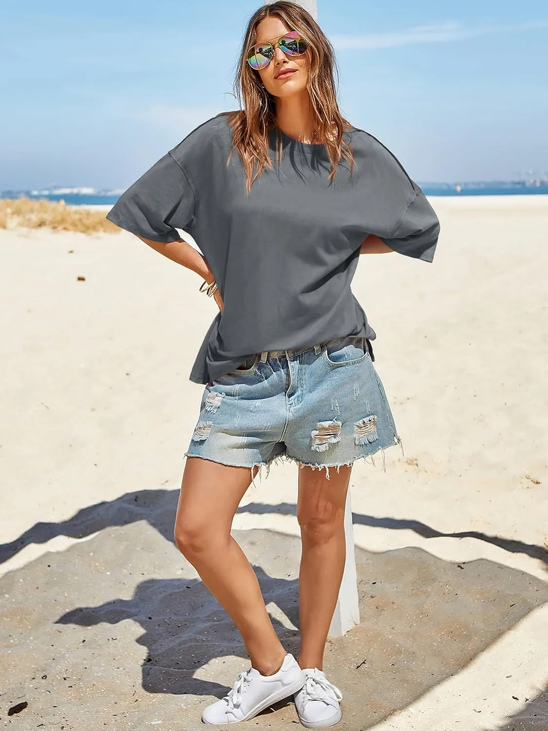 Tankaneo Womens Oversized Tshirts Summer Casual Short Sleeve Crew Neck T Shirt Loose Fit Side Slit Tee Tops