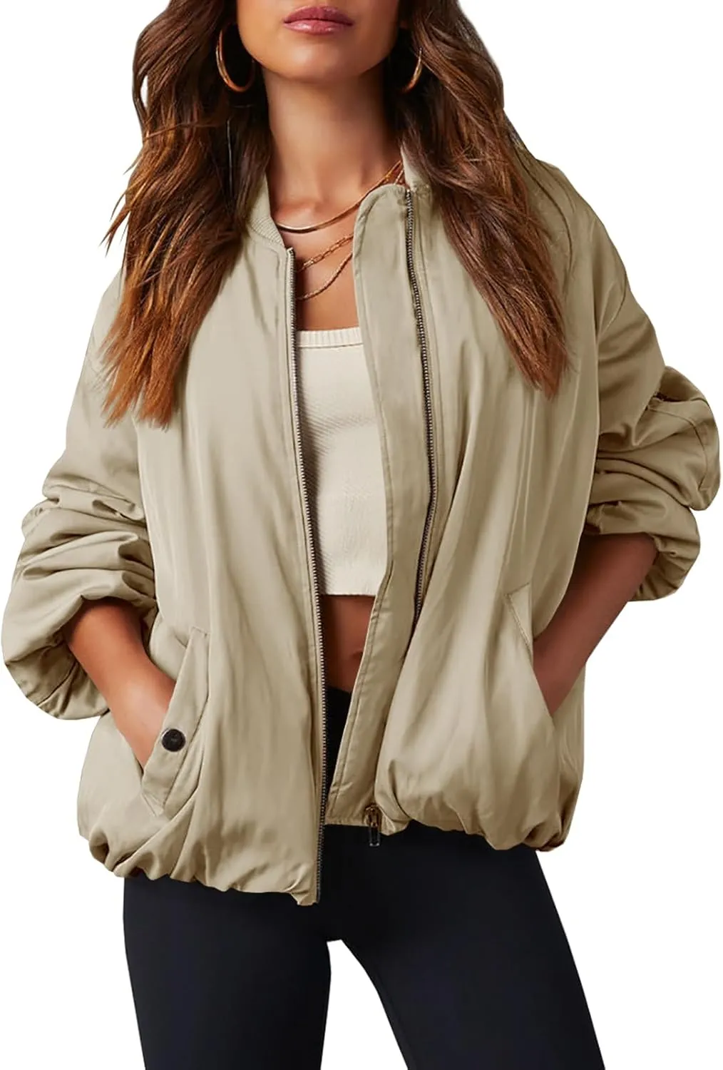 Tankaneo Womens Zip Up Bomber Jacket Oversized Fashion Casual Fully Lined Winter Coats With Pockets