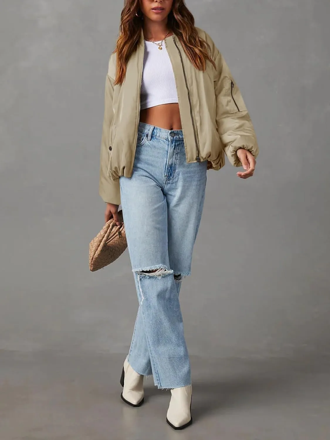 Tankaneo Womens Zip Up Bomber Jacket Oversized Fashion Casual Fully Lined Winter Coats With Pockets