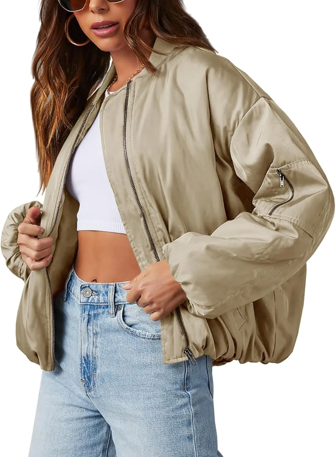 Tankaneo Womens Zip Up Bomber Jacket Oversized Fashion Casual Fully Lined Winter Coats With Pockets