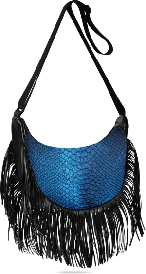 Tassel Crossbody Bag Fancy Snakeskin Luxury Blue Women Fringe Boho Handbag Hippie Purse Vintage Bohemian Shoulder Bag '70s Daily Bag Valentines Gift for Wife, Lover