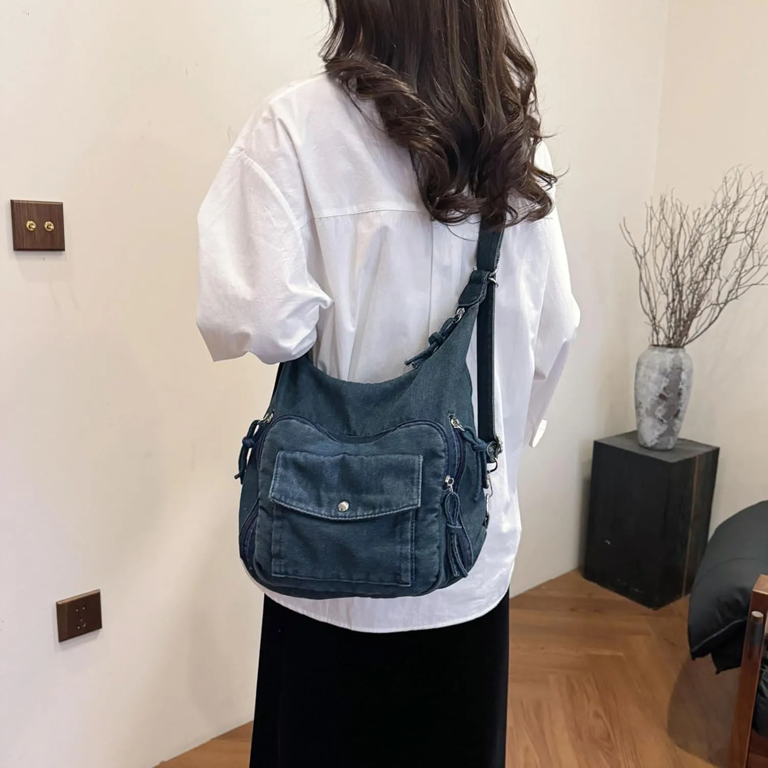 Teclado Denim Backpack Casual Crossbody Bag Messenger Bag Shoulder Bag Hobo Bag Travel Daypacks (Dark Blue)