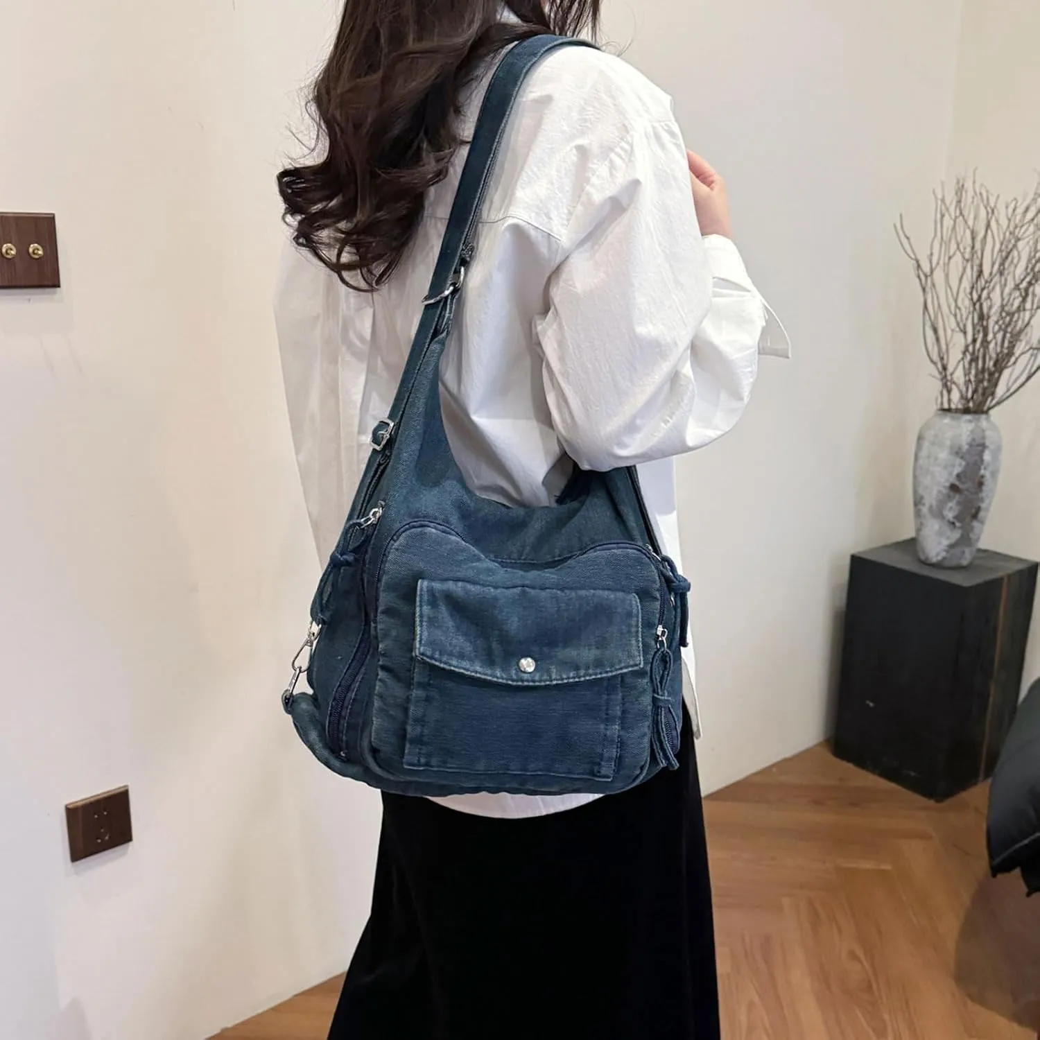 Teclado Denim Backpack Casual Crossbody Bag Messenger Bag Shoulder Bag Hobo Bag Travel Daypacks (Dark Blue)