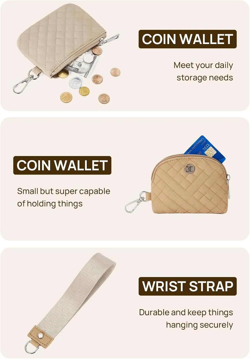 Telena Mini Zip Around Wristlet Wallets for Women Coin Purse Keychain Dual Pouch Wallet Light Brown