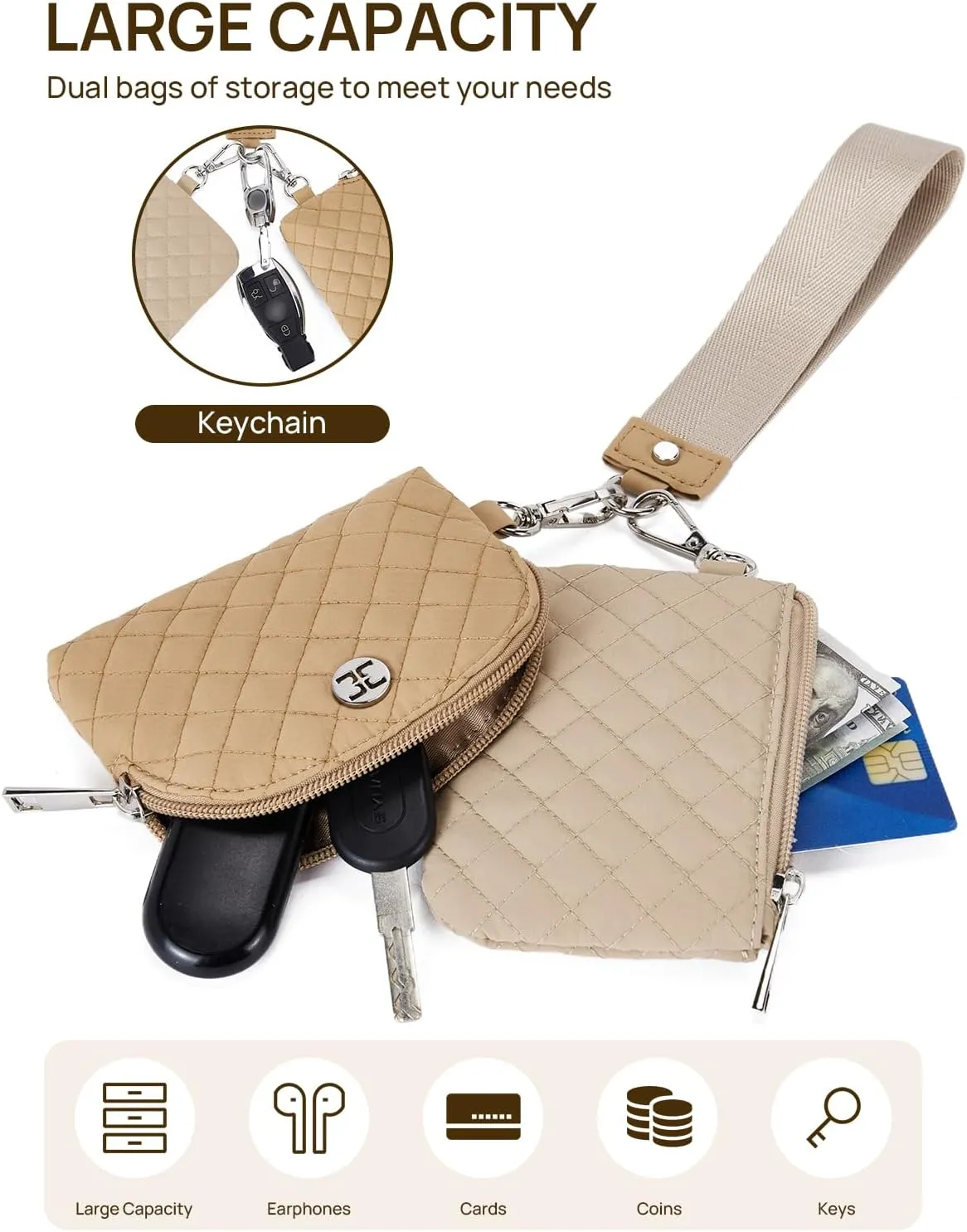 Telena Mini Zip Around Wristlet Wallets for Women Coin Purse Keychain Dual Pouch Wallet Light Brown