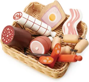 Tender Leaf Toys - Charcuterie Basket - 11 Pcs Solid Wood Cured Meats with Hand-Crafted Wicker Basket, Pretend Food Playset Supermarket Shopping Game Play Kitchen Farmer's Market Accessories - Age 3 