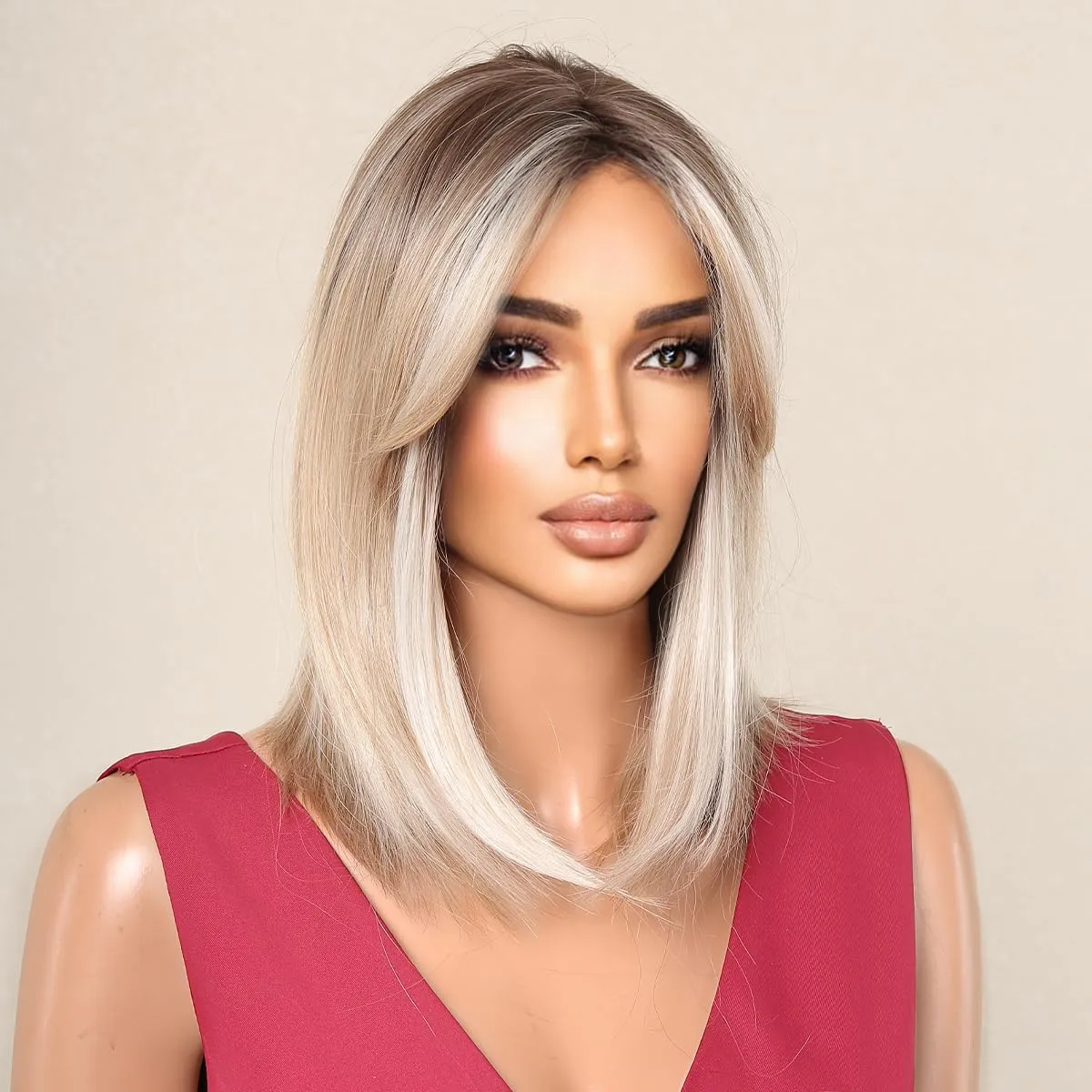 testar Blonde Bob Wigs For White Women 14 IN Ombre Short Bob Wigs with Curtain Bangs Layered Straight Synthetic Wigs for Daily Party Cosplay Christmas Use (613 Blonde)