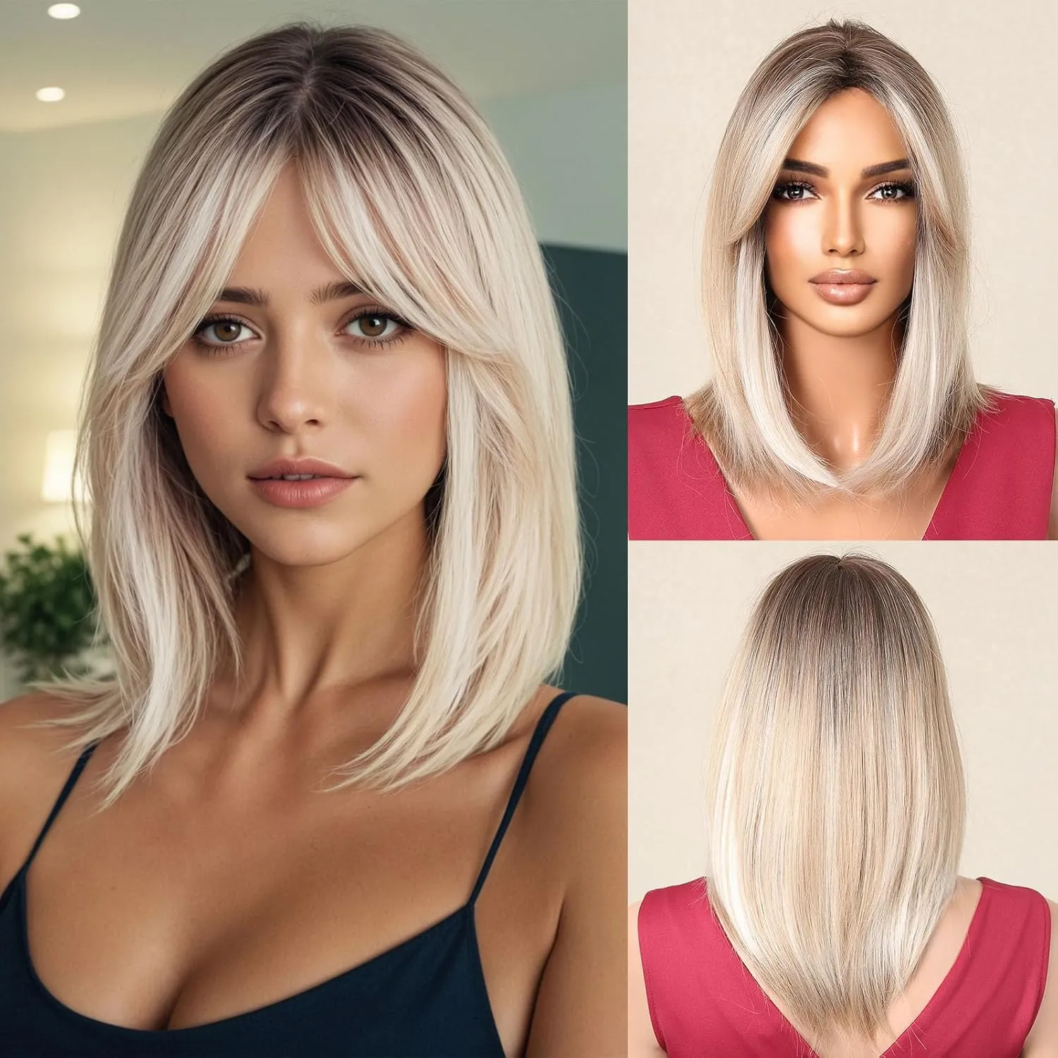 testar Blonde Bob Wigs For White Women 14 IN Ombre Short Bob Wigs with Curtain Bangs Layered Straight Synthetic Wigs for Daily Party Cosplay Christmas Use (613 Blonde)
