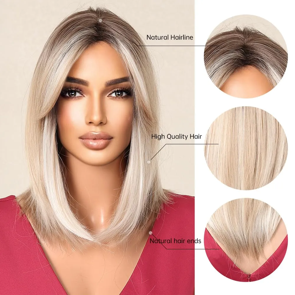 testar Blonde Bob Wigs For White Women 14 IN Ombre Short Bob Wigs with Curtain Bangs Layered Straight Synthetic Wigs for Daily Party Cosplay Christmas Use (613 Blonde)