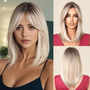 testar Blonde Bob Wigs For White Women 14 IN Ombre Short Bob Wigs with Curtain Bangs Layered Straight Synthetic Wigs for Daily Party Cosplay Christmas Use (613 Blonde)