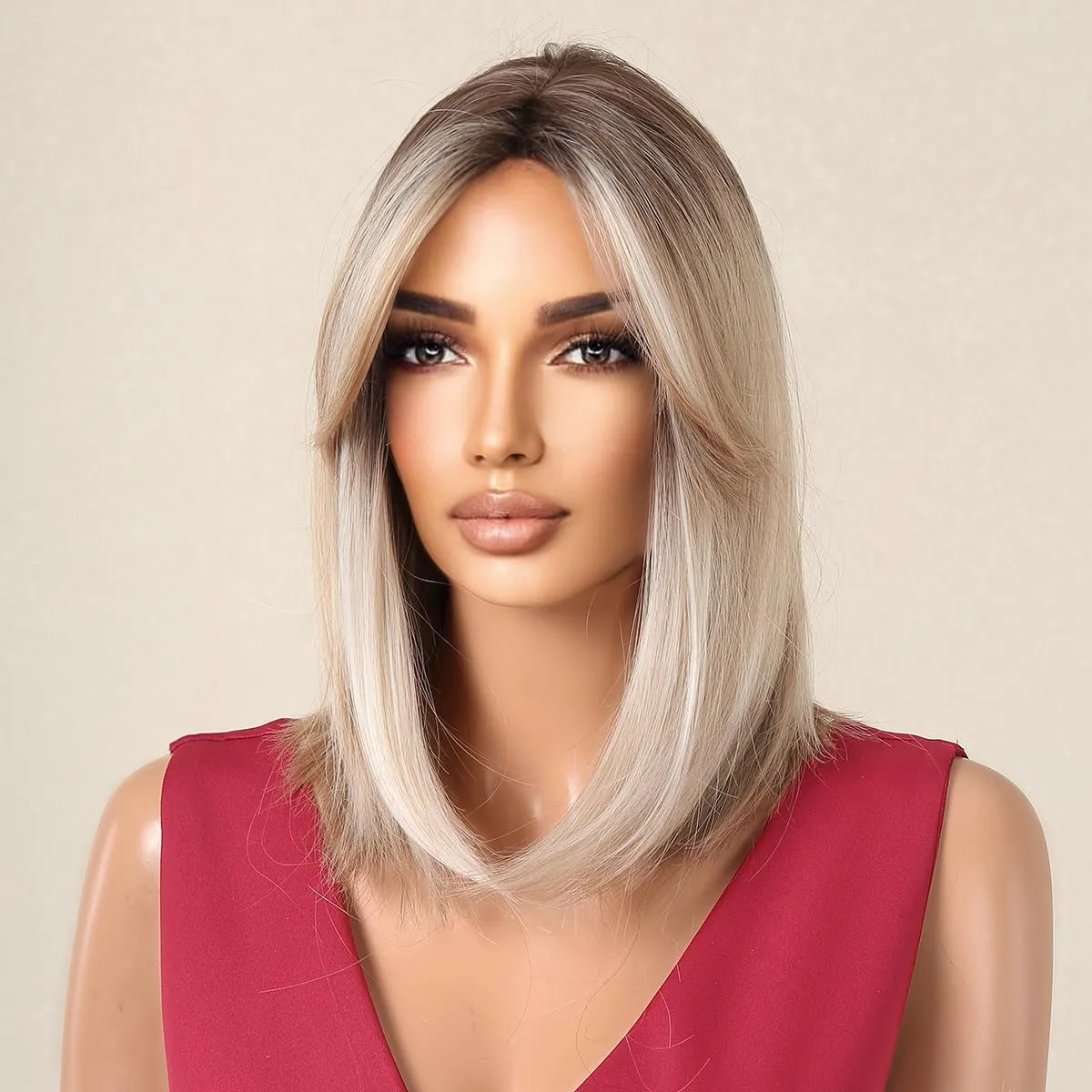 testar Blonde Bob Wigs For White Women 14 IN Ombre Short Bob Wigs with Curtain Bangs Layered Straight Synthetic Wigs for Daily Party Cosplay Christmas Use (613 Blonde)