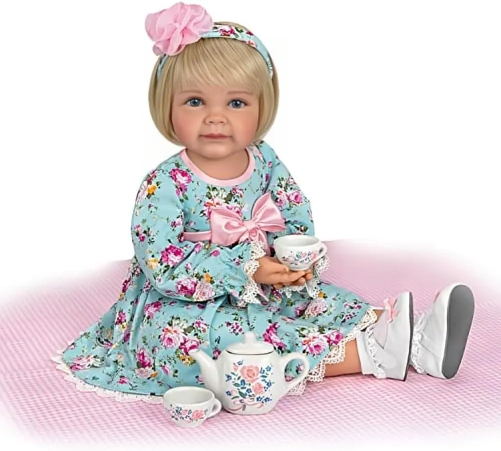 The Ashton-Drake Galleries So Truly Real Tea for Two Toddler Girl Doll Featuring A Finely Tailored Floral Ensemble and Comes with A 3-Piece Porcelain Tea Set and Picnic Blanket