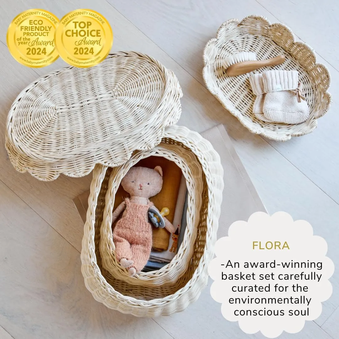The Original Scalloped Basket Set Of 2 – Small Scallop Basket - 15 x 10 x 6 In - Hand-Woven & Award-Winning - Elegant Wicker With Scalloped Edge Lid - Nursery Storage - (Natural)