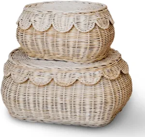 The Original Scalloped Basket Set Of 2 – Small Scallop Basket - 15 x 10 x 6 In - Hand-Woven & Award-Winning - Elegant Wicker With Scalloped Edge Lid - Nursery Storage - (Natural)