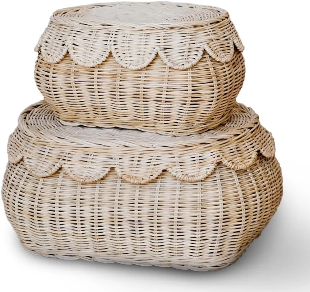 The Original Scalloped Basket Set Of 2 – Small Scallop Basket - 15 x 10 x 6 In - Hand-Woven & Award-Winning - Elegant Wicker With Scalloped Edge Lid - Nursery Storage - (Natural)