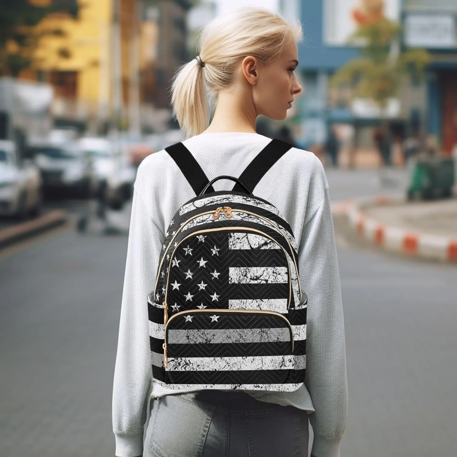 Thin Gray Silver Line Flag Mini Backpack for Women, Travel Backpack Purse for Ladies Fashion Shoulder Bag Daypack Travel Bag