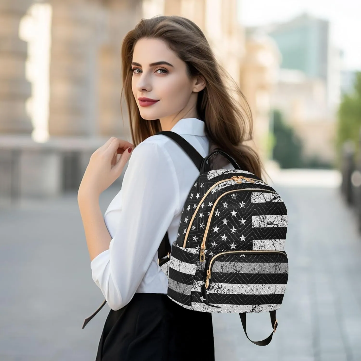 Thin Gray Silver Line Flag Mini Backpack for Women, Travel Backpack Purse for Ladies Fashion Shoulder Bag Daypack Travel Bag