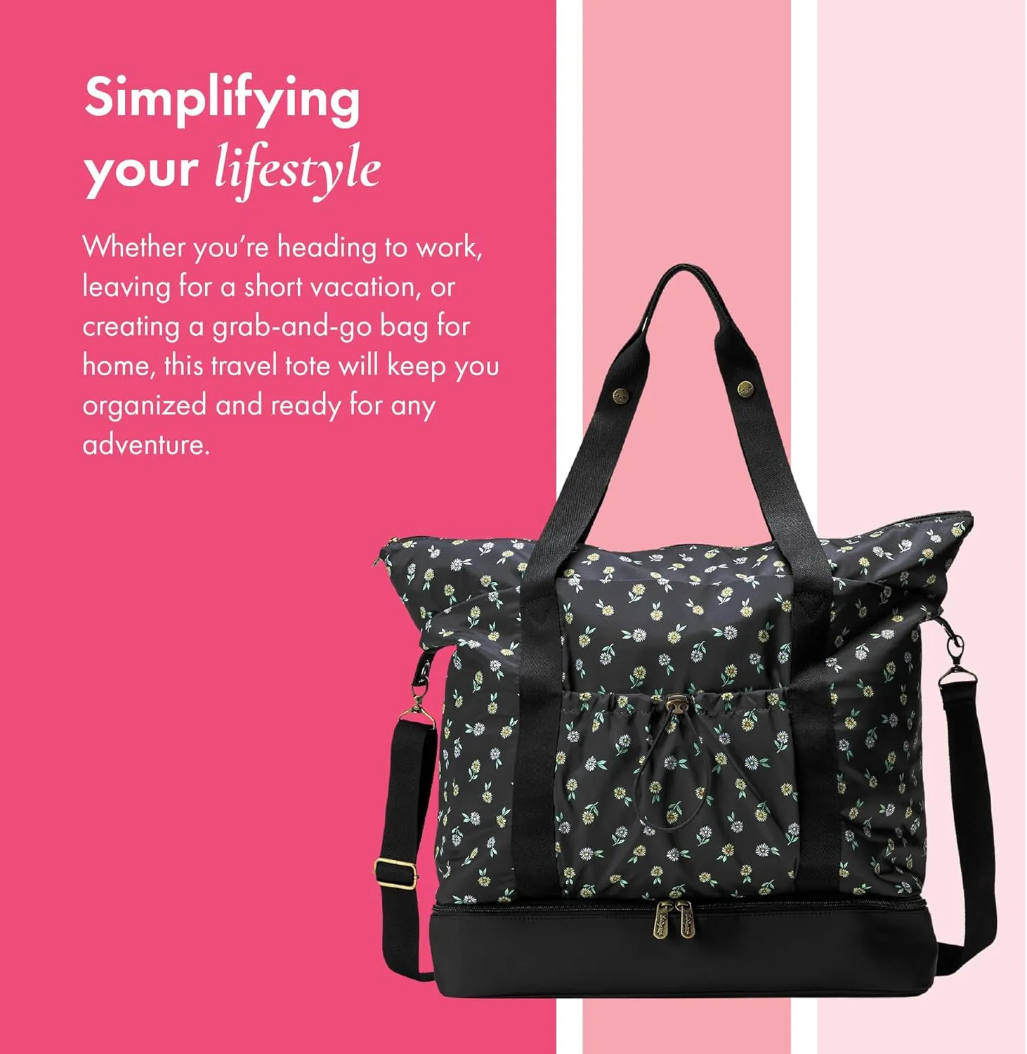 Thirty-One Gifts Deluxe Travel Tote Bag, Multiple-Pocket Tote Bag for Travel and Work, Ditzy Daisy