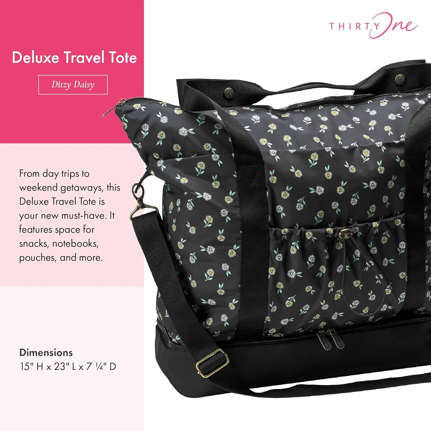 Thirty-One Gifts Deluxe Travel Tote Bag, Multiple-Pocket Tote Bag for Travel and Work, Ditzy Daisy