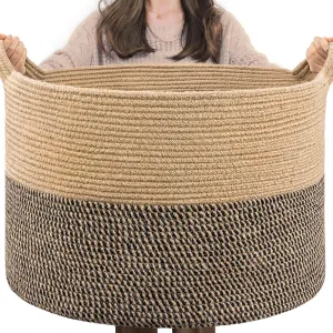 TIMEYARD Blanket Basket, Large Baskets for Storage, Toy Baskets Storage Kids, 21.7'' x 13.8'' Cotton Rope Basket for Living Room, Wicker Baskets for Organizing, 90L, Black & Jute