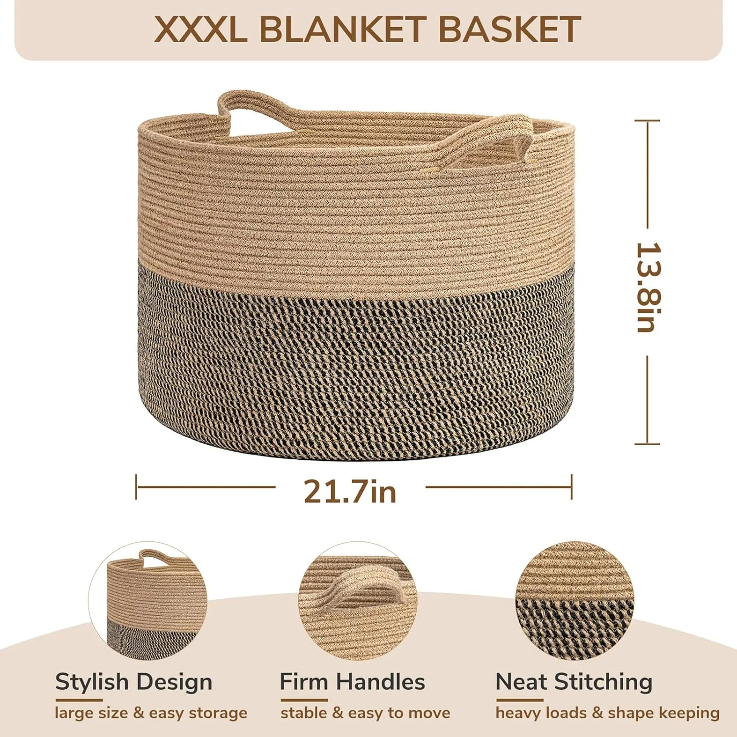 TIMEYARD Blanket Basket, Large Baskets for Storage, Toy Baskets Storage Kids, 21.7'' x 13.8'' Cotton Rope Basket for Living Room, Wicker Baskets for Organizing, 90L, Black & Jute