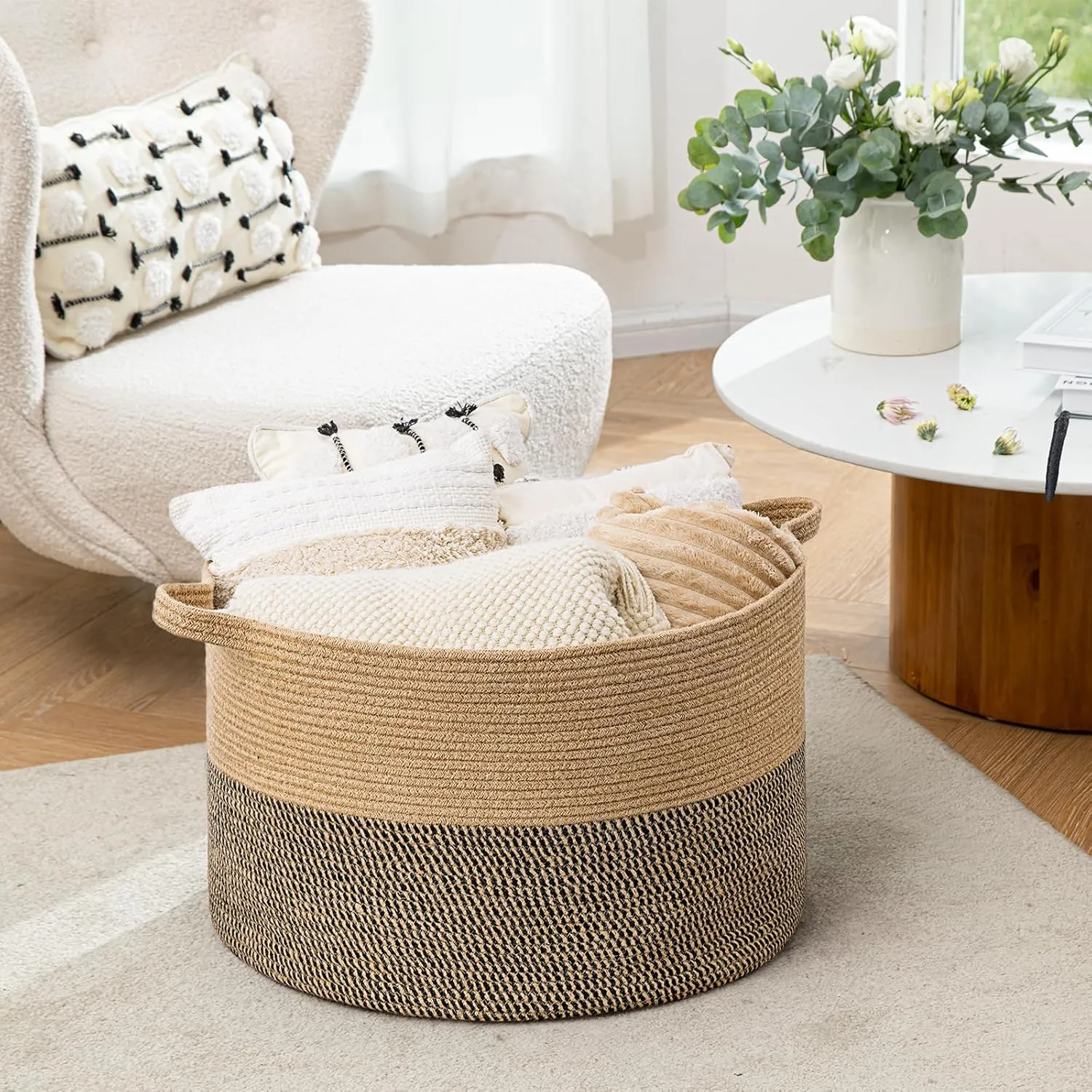 TIMEYARD Blanket Basket, Large Baskets for Storage, Toy Baskets Storage Kids, 21.7'' x 13.8'' Cotton Rope Basket for Living Room, Wicker Baskets for Organizing, 90L, Black & Jute