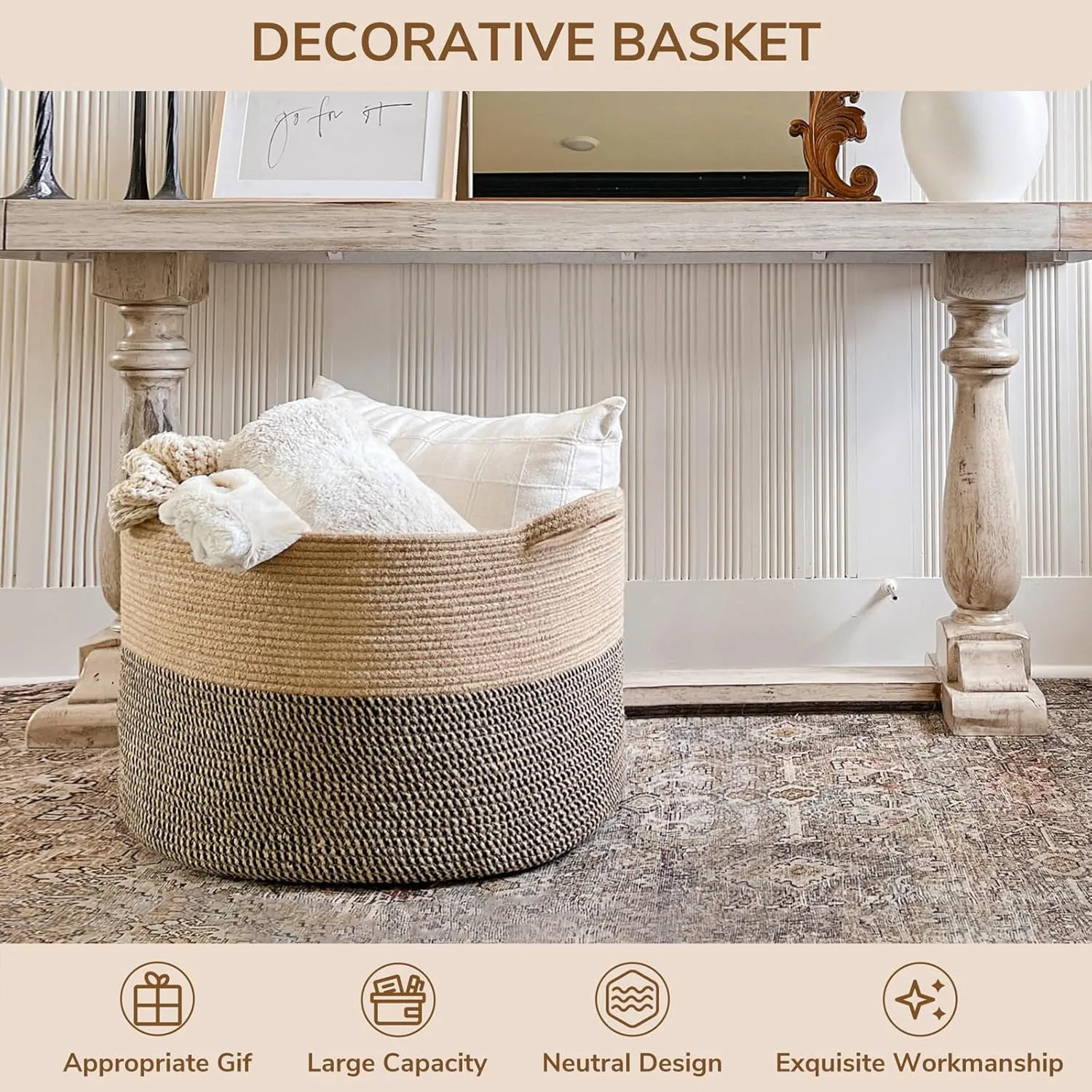 TIMEYARD Blanket Basket, Large Baskets for Storage, Toy Baskets Storage Kids, 21.7'' x 13.8'' Cotton Rope Basket for Living Room, Wicker Baskets for Organizing, 90L, Black & Jute