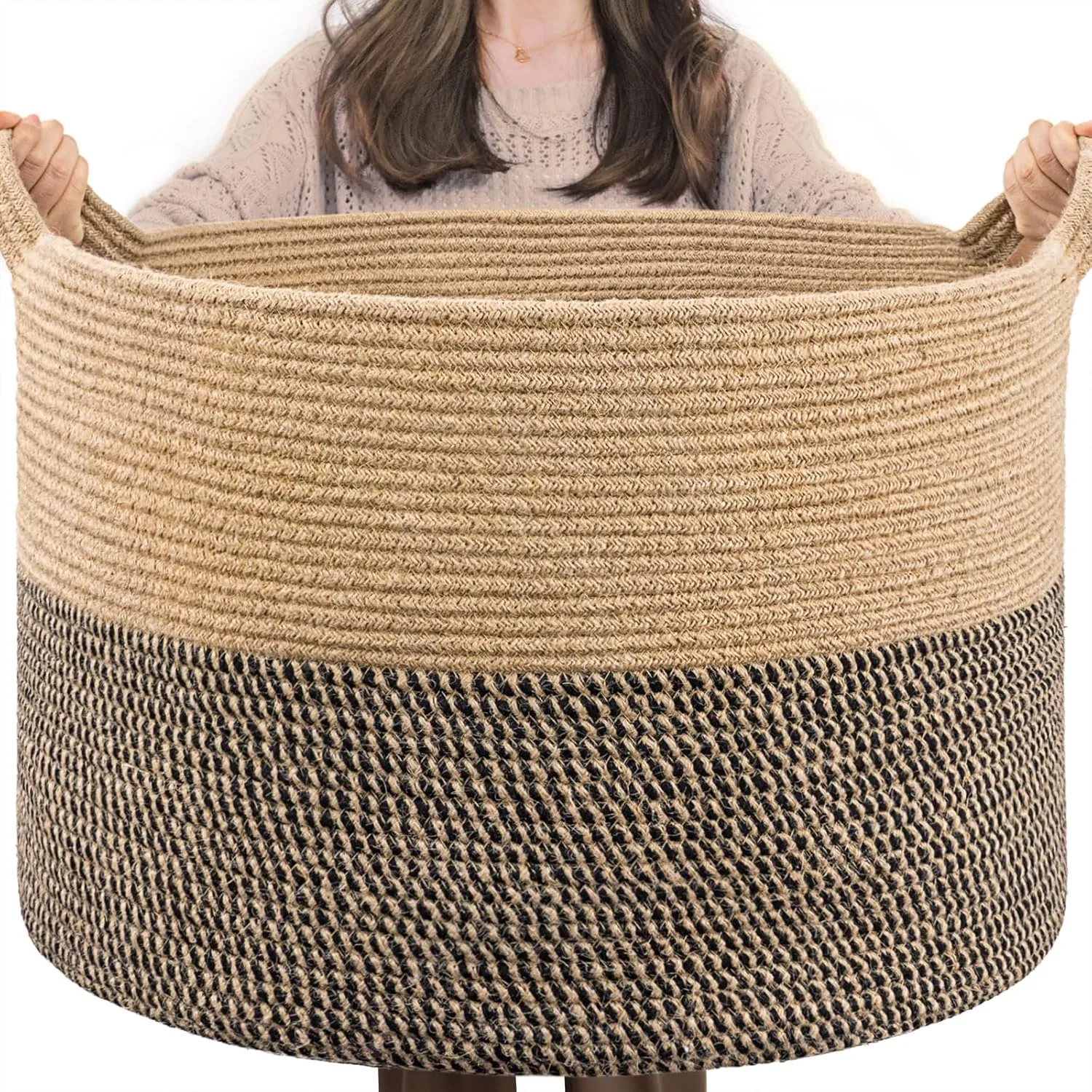 TIMEYARD Blanket Basket, Large Baskets for Storage, Toy Baskets Storage Kids, 21.7'' x 13.8'' Cotton Rope Basket for Living Room, Wicker Baskets for Organizing, 90L, Black & Jute