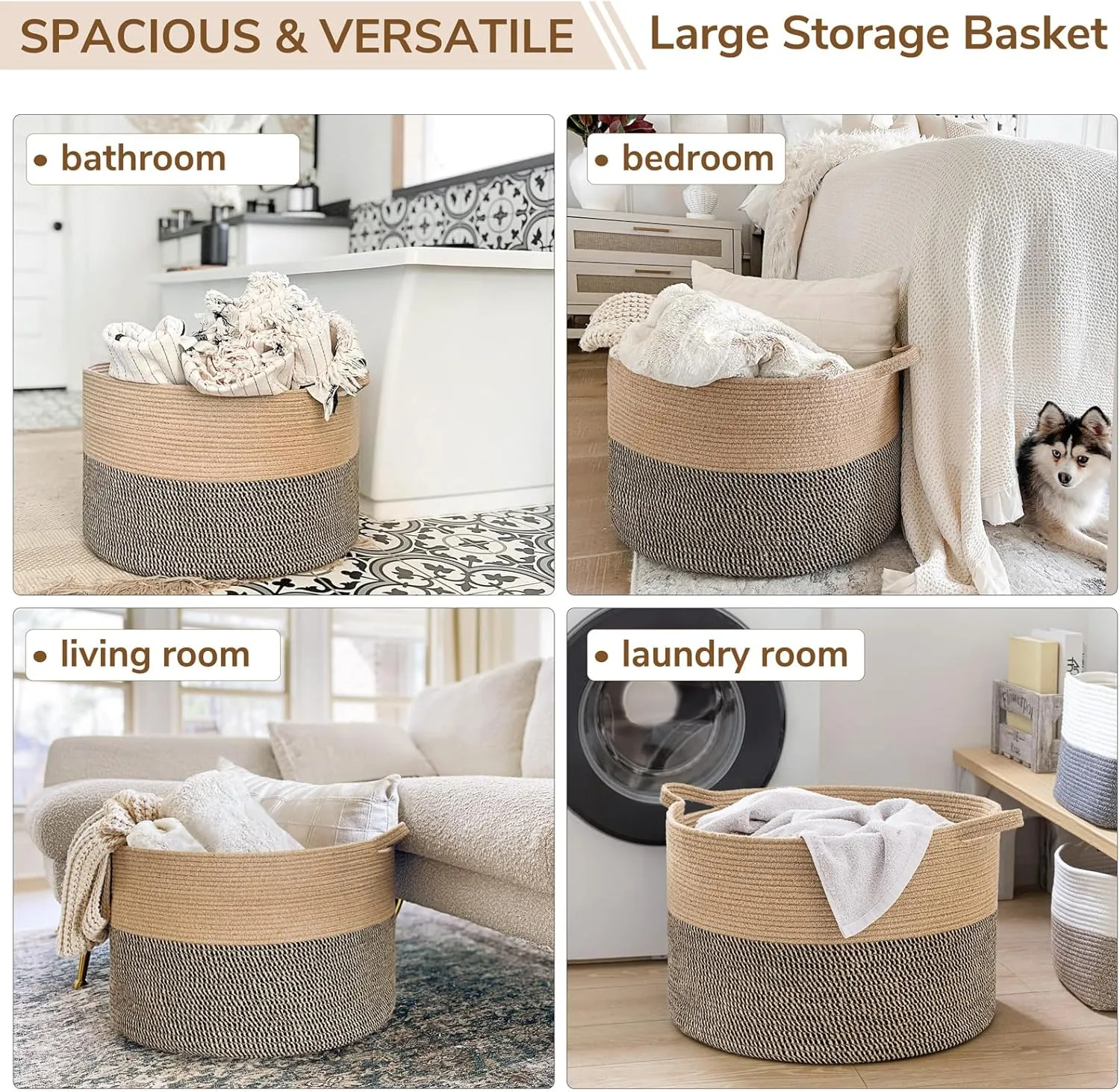 TIMEYARD Blanket Basket, Large Baskets for Storage, Toy Baskets Storage Kids, 21.7'' x 13.8'' Cotton Rope Basket for Living Room, Wicker Baskets for Organizing, 90L, Black & Jute