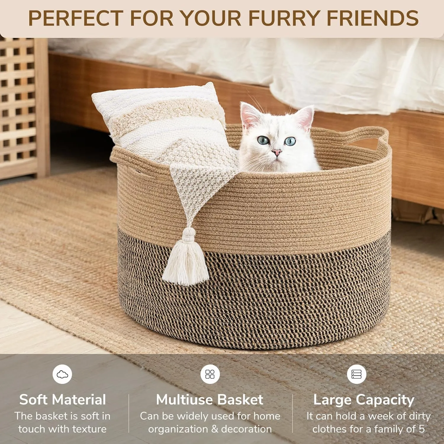 TIMEYARD Blanket Basket, Large Baskets for Storage, Toy Baskets Storage Kids, 21.7'' x 13.8'' Cotton Rope Basket for Living Room, Wicker Baskets for Organizing, 90L, Black & Jute
