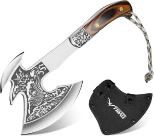 TIVOLI Full Tang Camping Hatchet Axe with Carving, Shock-Absorbing Handle & Nylon Sheath, Stainless Steel Multi-Tool Hatchet AX for Splitting Wood, Ice Breaking, Outdoor Emergency Gift Box Included