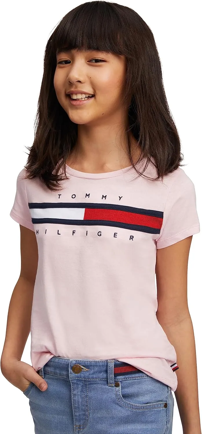 Tommy Hilfiger Girl's Short Sleeve T-shirt With Flag Logo, Cotton Blend Tee With Tagless Interior