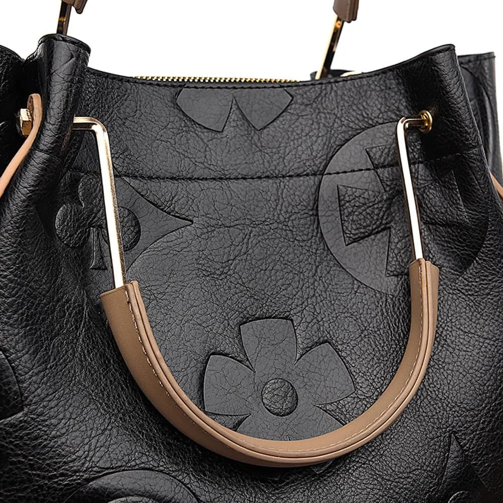 Top Handle Bucket Bag Floral Embossed Handbag Set Vintage Crossbody Bag Vegan Leather Shoulder Tote Bag with Zipper