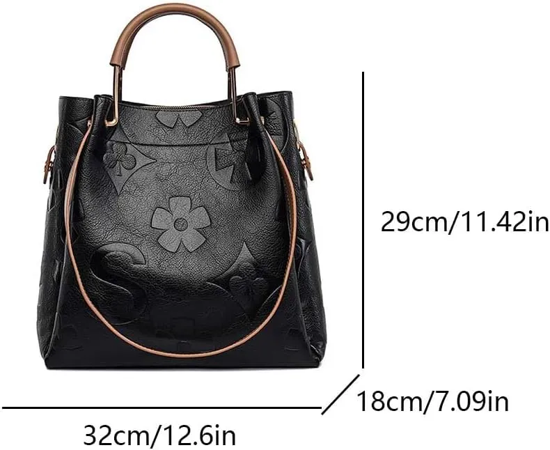 Top Handle Bucket Bag Floral Embossed Handbag Set Vintage Crossbody Bag Vegan Leather Shoulder Tote Bag with Zipper