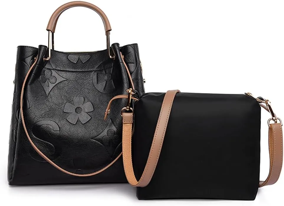 Top Handle Bucket Bag Floral Embossed Handbag Set Vintage Crossbody Bag Vegan Leather Shoulder Tote Bag with Zipper